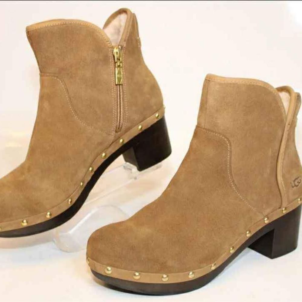 UGG Tan Heeled Boots with Gold Accents